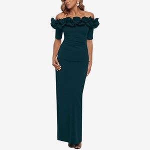 XSCAPE Ruffled Off-the-Shoulder Short Elbow Sleeve Gown in Pine Green Size 12